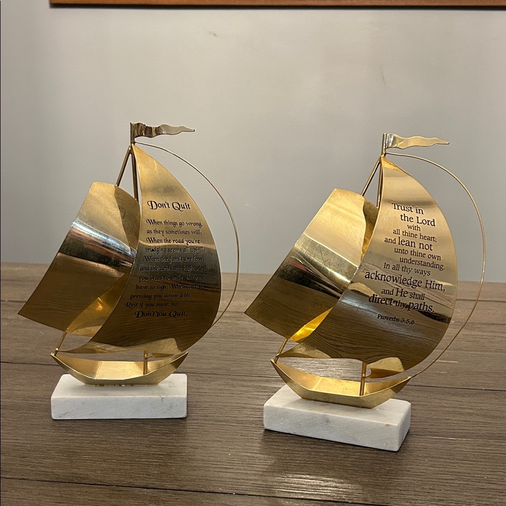 Vintage Brass sailboat pair with inspirational quotes marble base boat decor